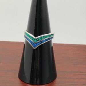 Turquoise and Lapis Chip Inlay Sterling Silver Ring Size 6.75